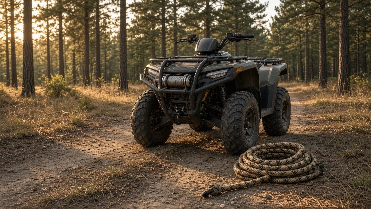 A compact ATV winch on a front rack with a recovery rope flaked on the dirt