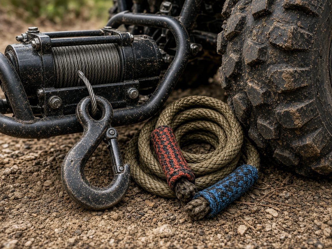 A small drum on an ATV rack, a rope already flaked. The hole is still a walk first.