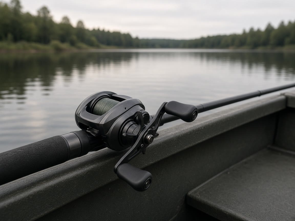 A low-profile baitcaster on a deck, brakes you set in the yard. Thumb is the lesson.