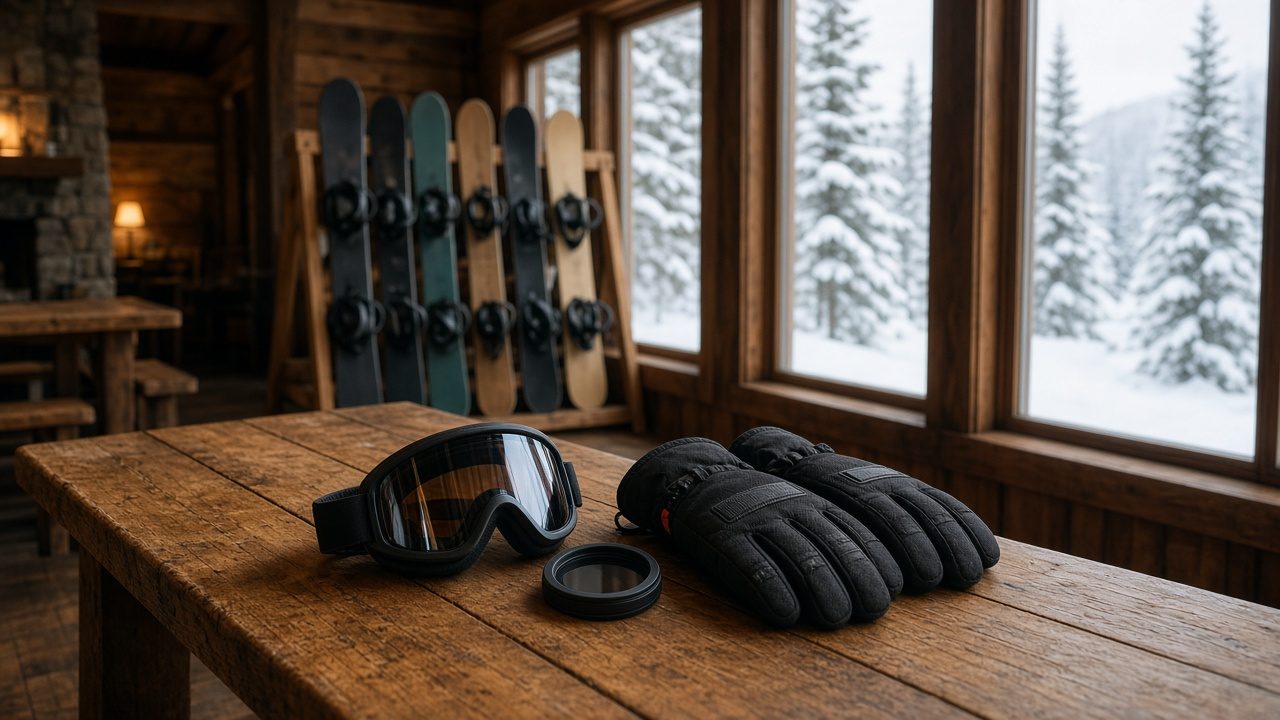 Snow goggles and heated gloves on a lodge bench, rental boards in a shop rack