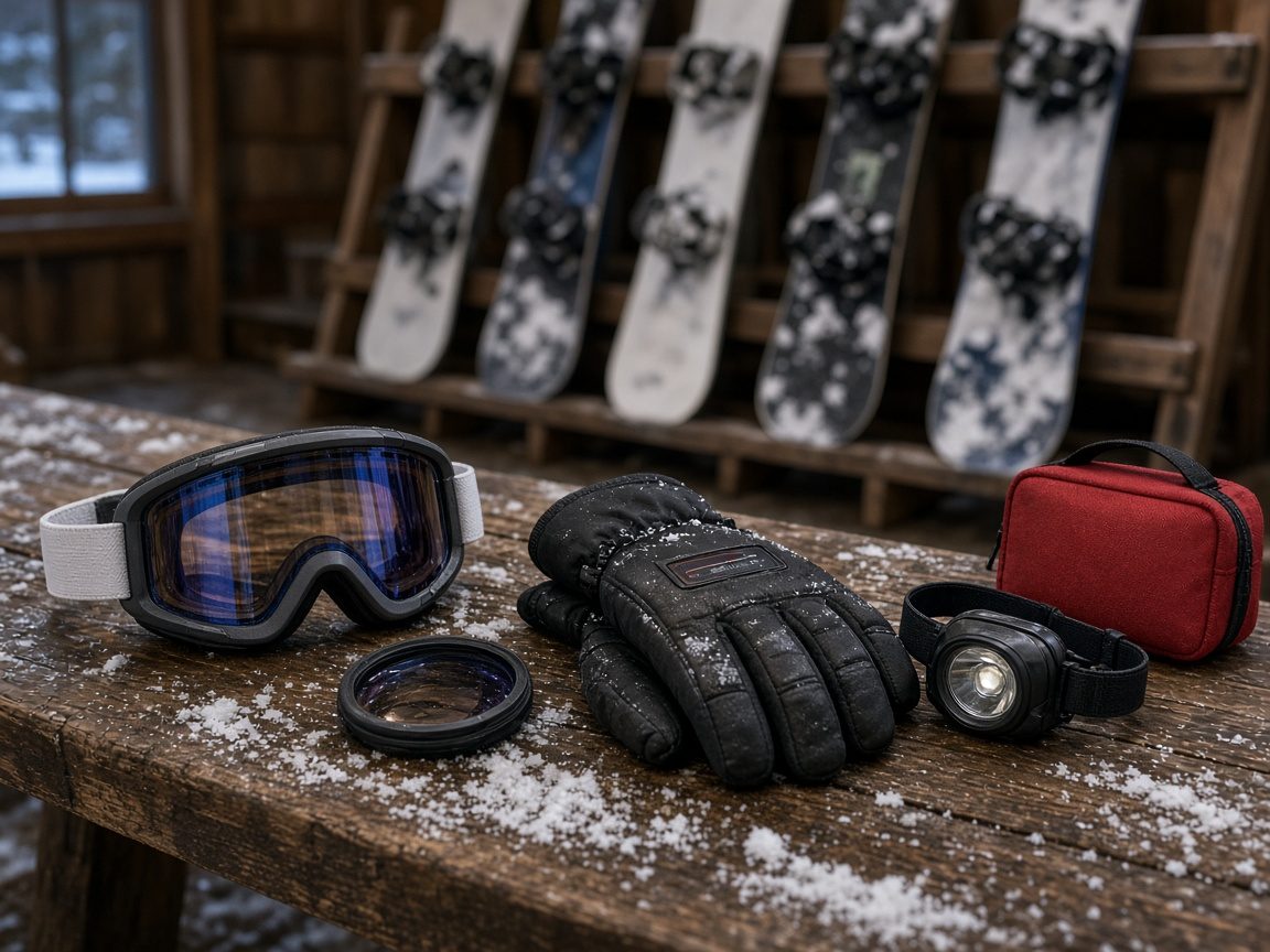 Goggles on a lodge bench, gloves already charged. The board stays a shop rack.