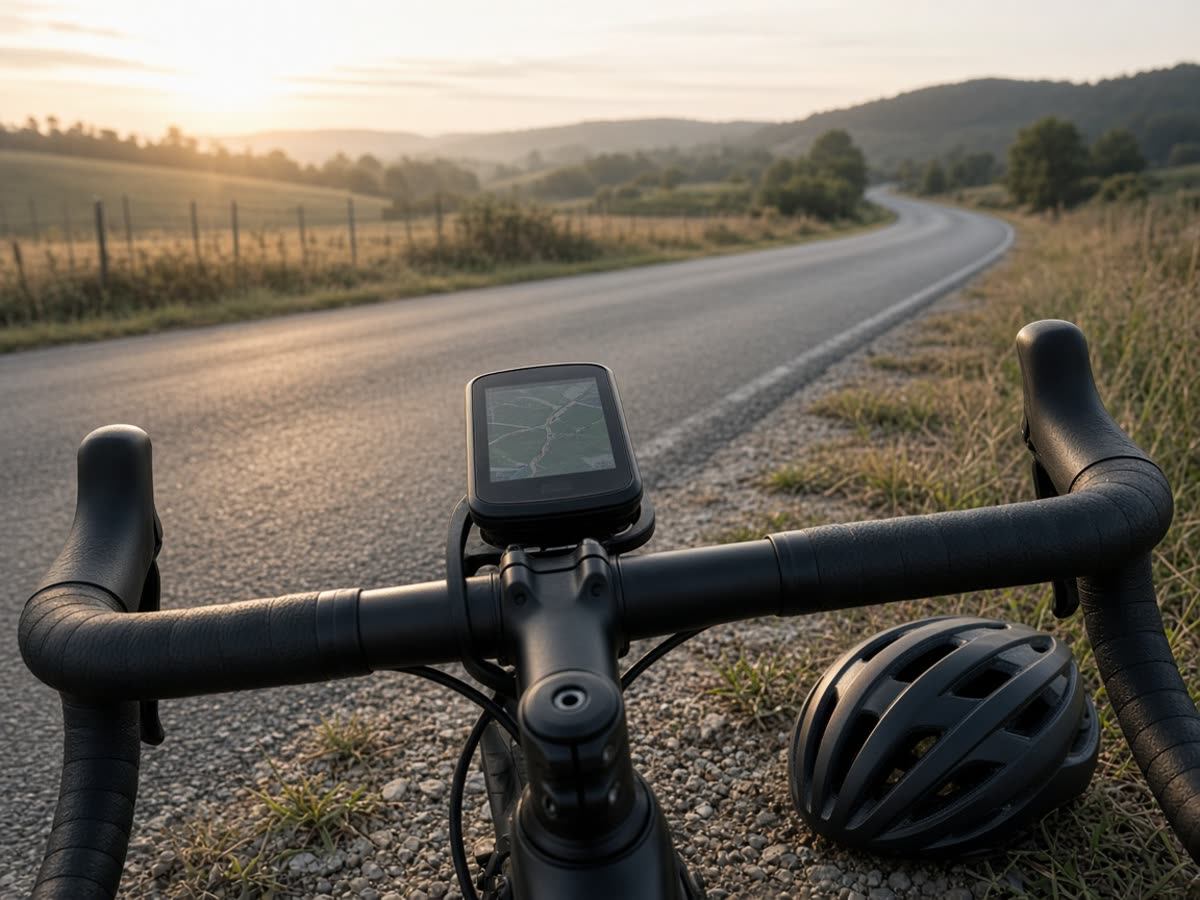 An out-front mount, a screen you can still read, a county road. A phone on the stem is a hope.