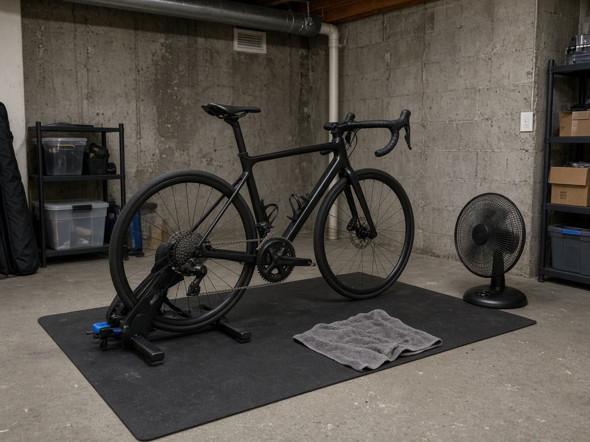 A road bike on a smart trainer, a towel, a fan. Sweat is the plan.