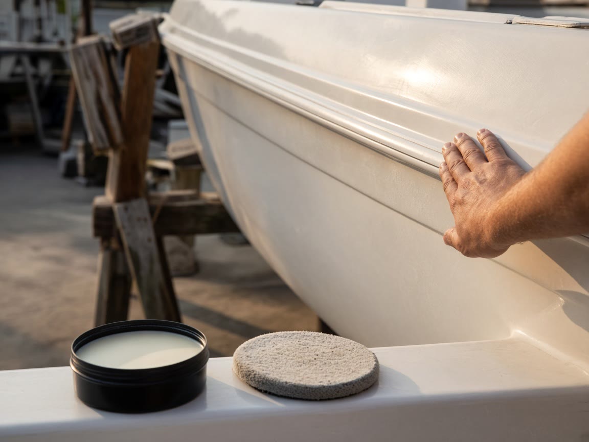 Marine wax and a pad on a dry gelcoat hull. Wash first. Then the film.