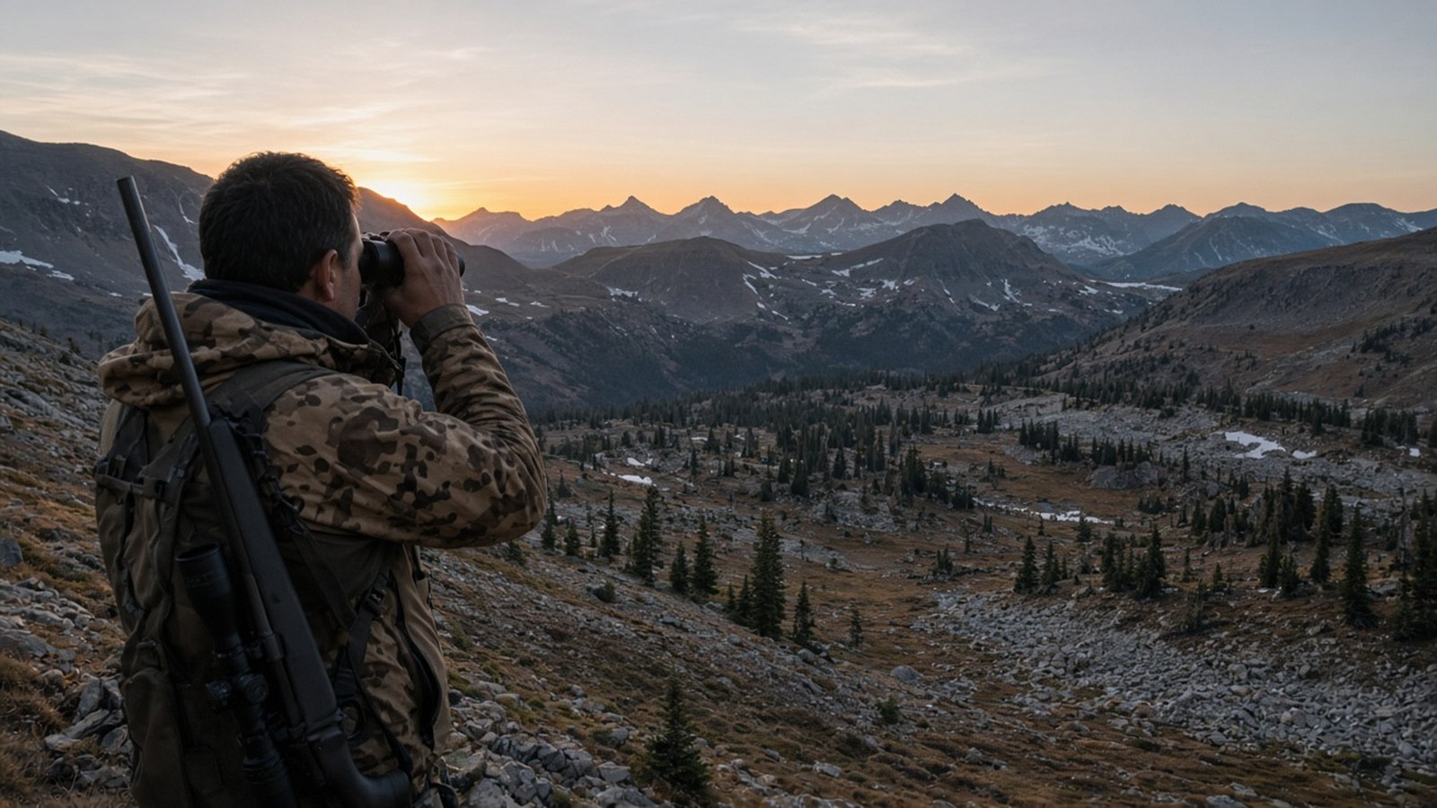 A hunter glassing across a high alpine elk basin at sunrise with a bolt-action rifle slung over one shoulder