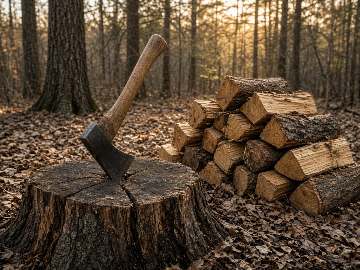 A hickory hatchet in a stump beside processed sticks. The sheath is the walk.