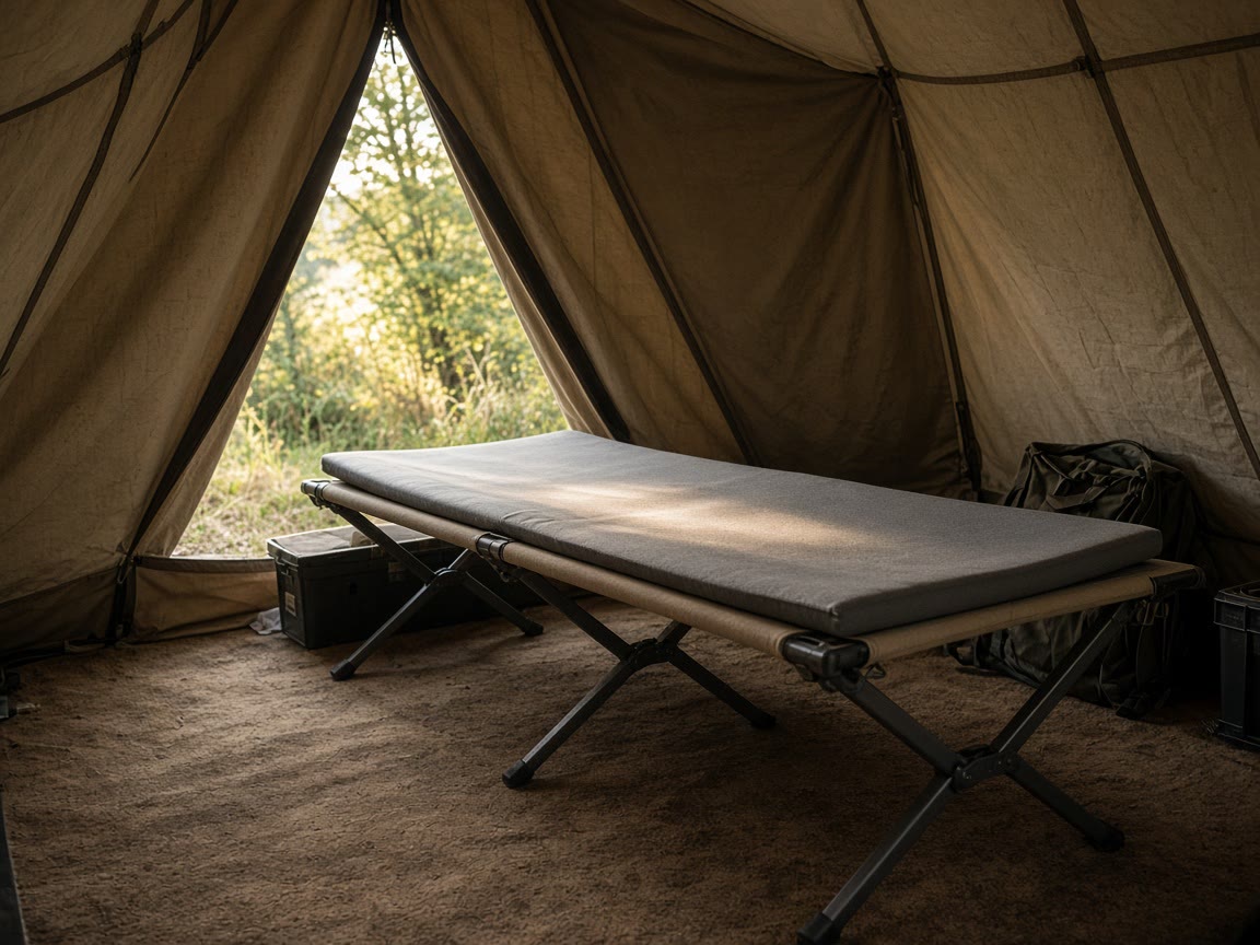 A folding cot in a wall tent, foam on the deck. Measure the door before you buy a stack.
