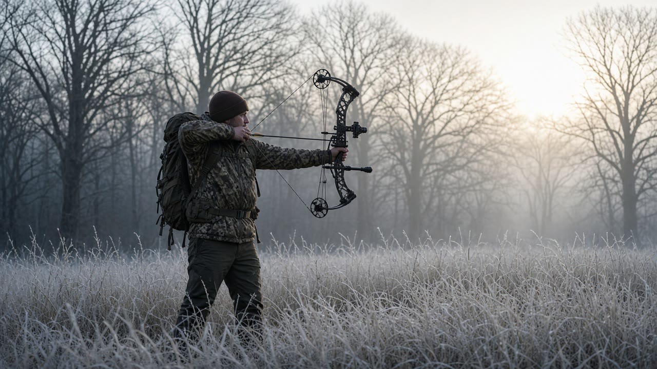 An archer at full draw with a modern compound bow at dawn