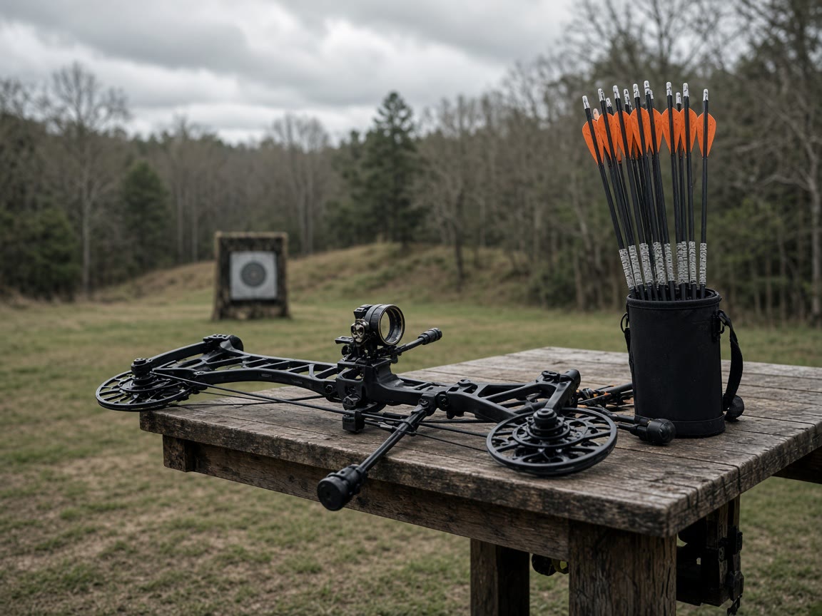 A compound on the bench and carbon arrows in a quiver. The fit happens at a shop.