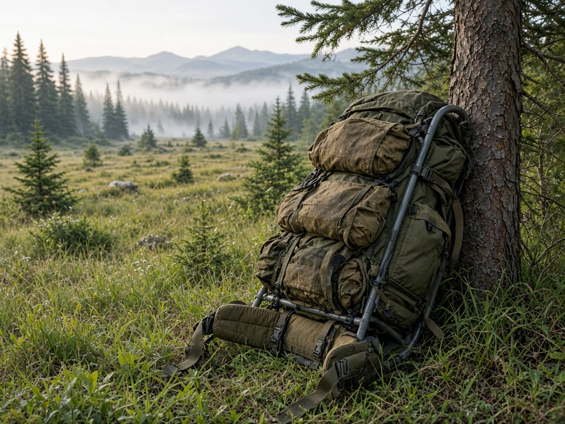 A frame pack against spruce. The hip belt is the pack. A cathedral you fill with junk is a ridge you will hate.