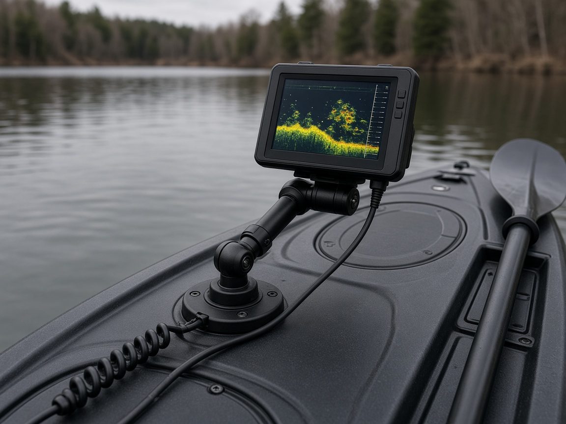 A transducer that stays in the water is the finder. A 9-inch graph on a rec SOT is the ad.