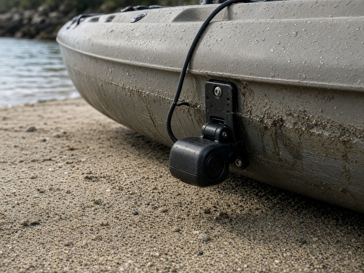 A transducer that stays in the water is the finder. A 9-inch graph on a rec SOT is the ad.