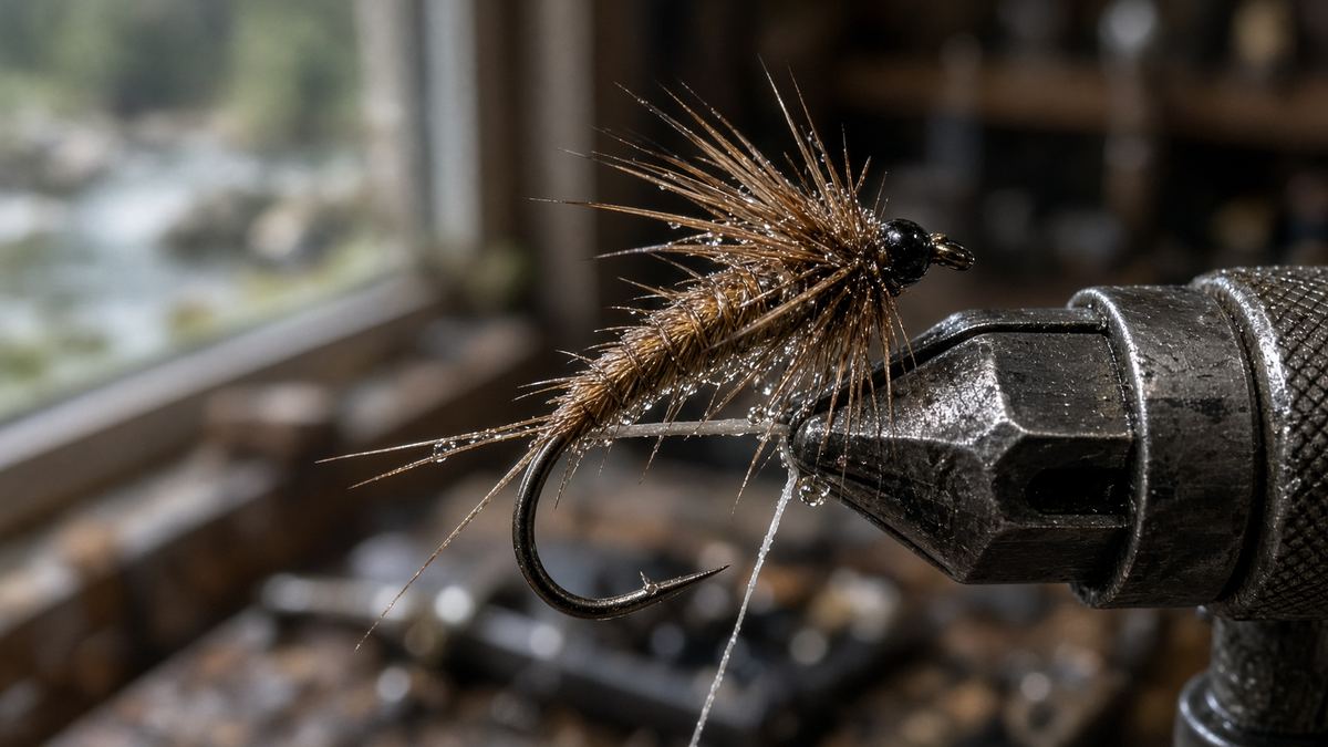 A pheasant tail you can see on the water is the fly. A 400-count rainbow box is the ad.