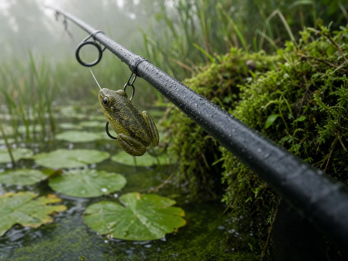 A heavy-fast tip that still throws a frog is the rod. A lily-pad photo is the ad.