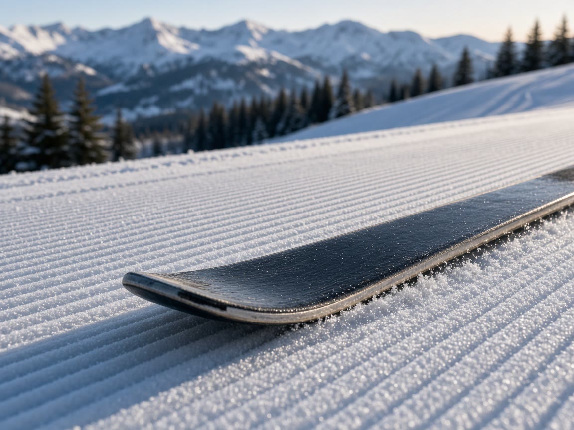 Groomer corduroy, a narrow frontside ski on edge. Waist you can still roll is the ski.