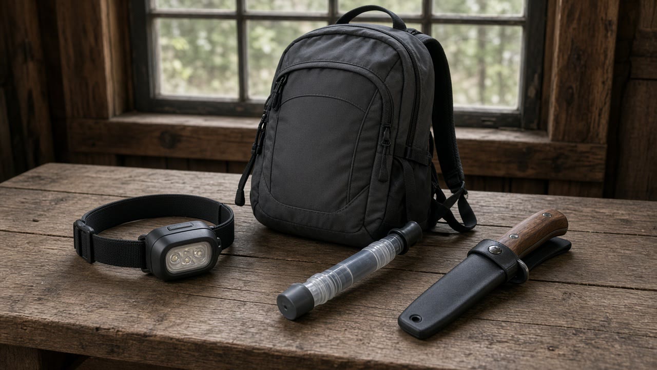 A headlamp, daypack, filter, and knife on a cabin table