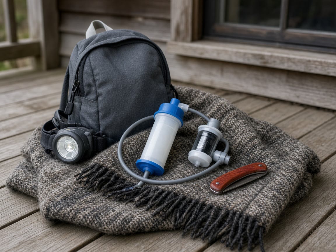 A lamp, a pack, a filter, and a knife on a cabin table. That is a gift. A logo bottle is a stocking.