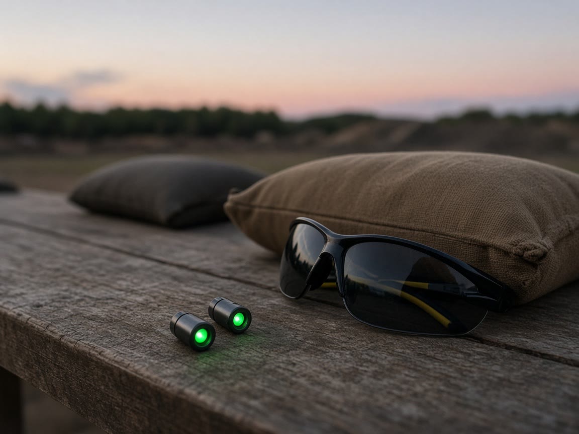 Night sights on a bench block. The pistol is not in the photo. Confirm the group.
