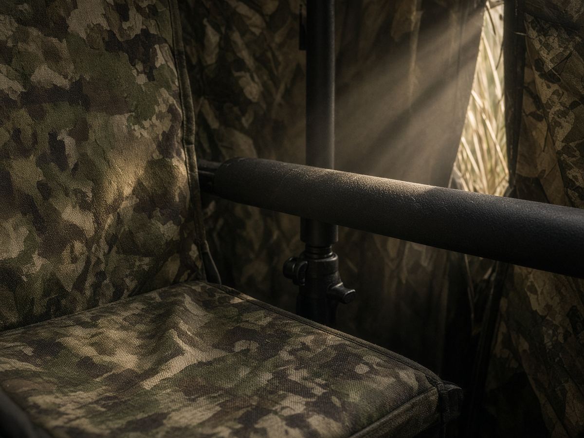 A quiet seat at window height is the chair. A living-room recliner in camo print is the ad.