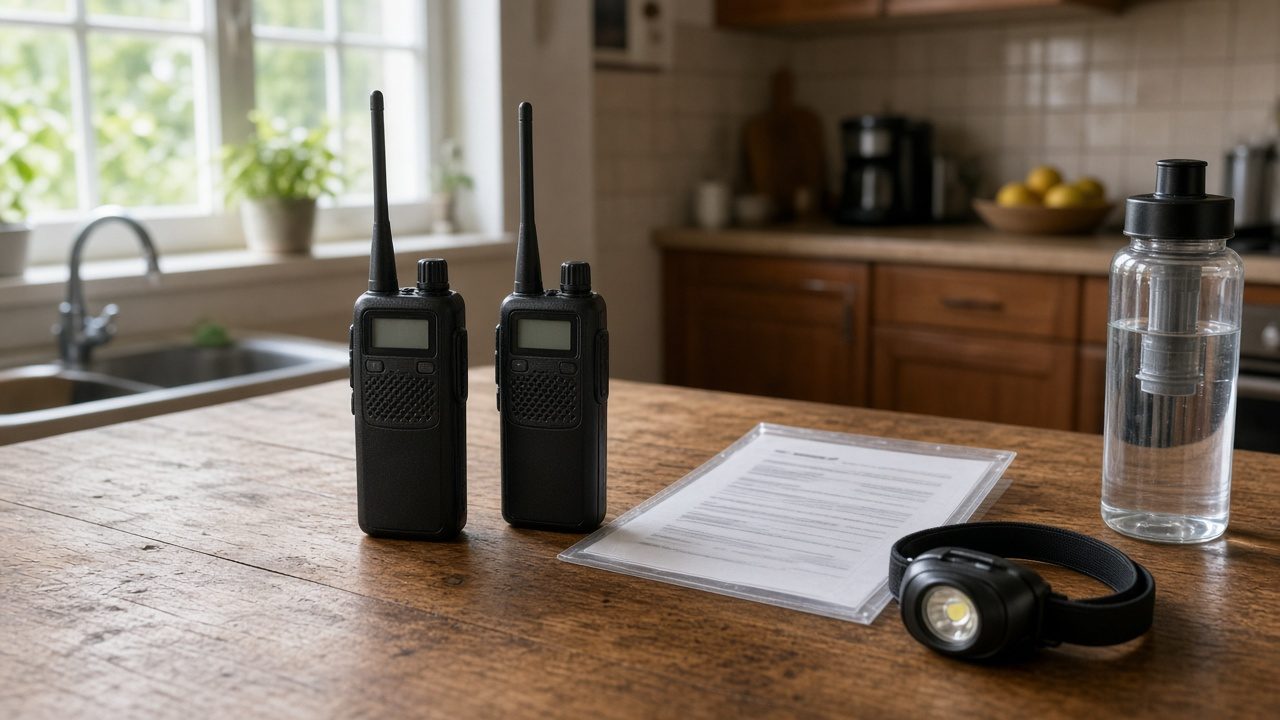 Two charged handheld radios on a kitchen table with a license copy in a sleeve