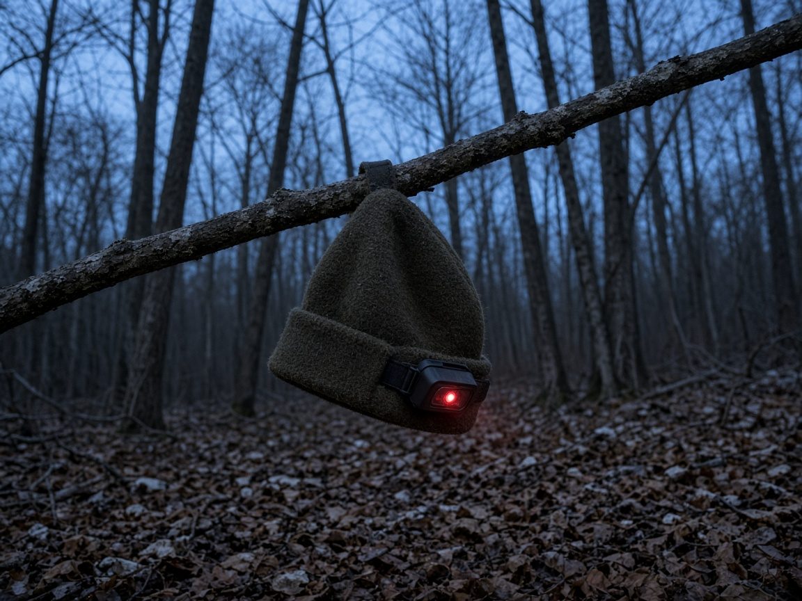 A dim red beam on leaf litter is the hunting lamp. A 1000-lumen sticker is the ad.