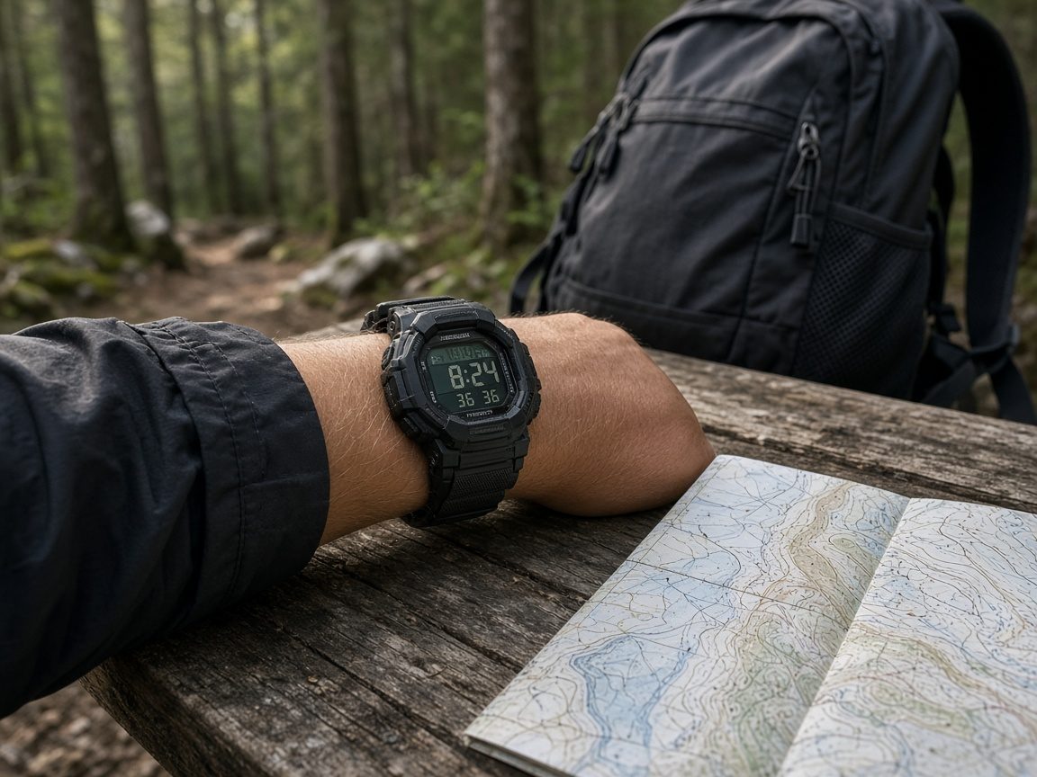 A G-Shock on a pack strap at a trailhead. Time you can still read. No cable.