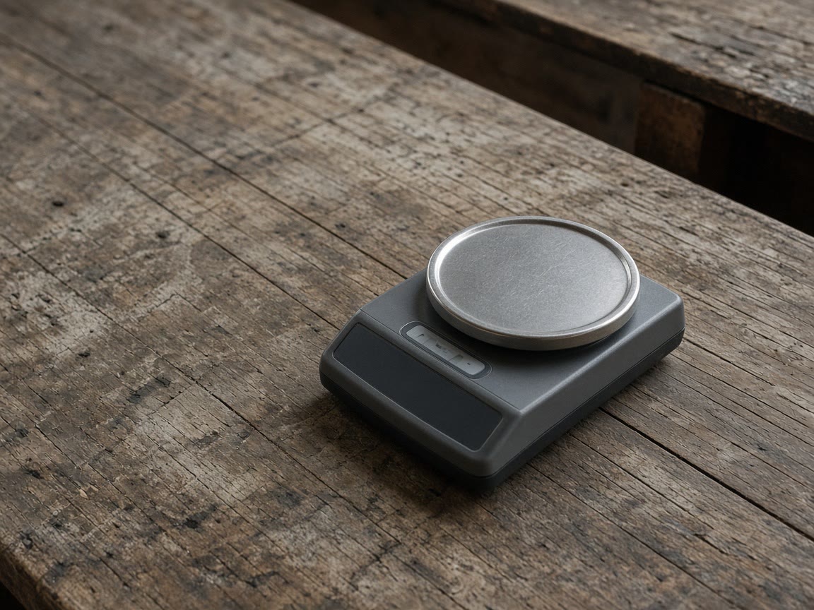 A digital grain scale on a quiet bench, a pan you zeroed. Draft is the enemy.