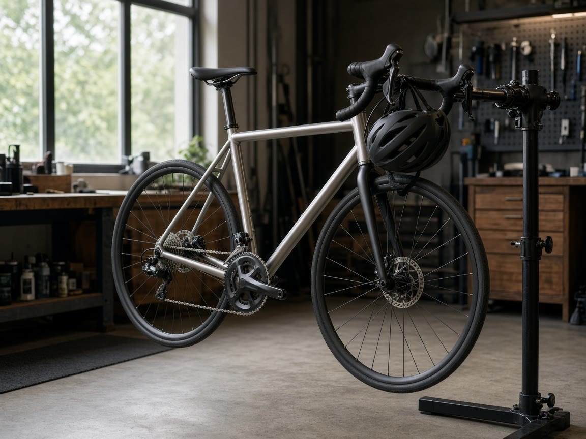 A 700c drop-bar in a shop stand, a lid on the bar. Assembly is the first ride.