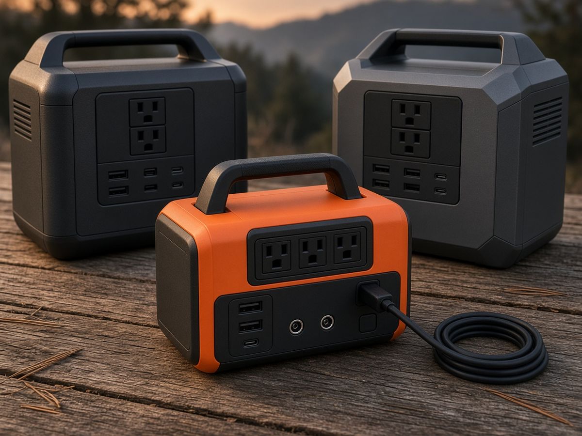 Three portable battery power stations on a wood table, with a charging cable in the middle unit.