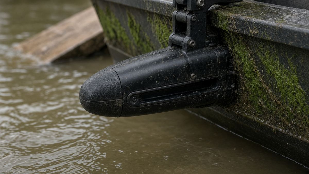 A transducer on a transom you can keep in clean water is the product. A 12-inch render is the ad.