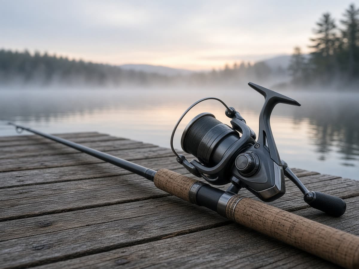A graphite spinning reel on a dock at dawn. Smooth drag is the reel. Max-drag on the box is the ad.