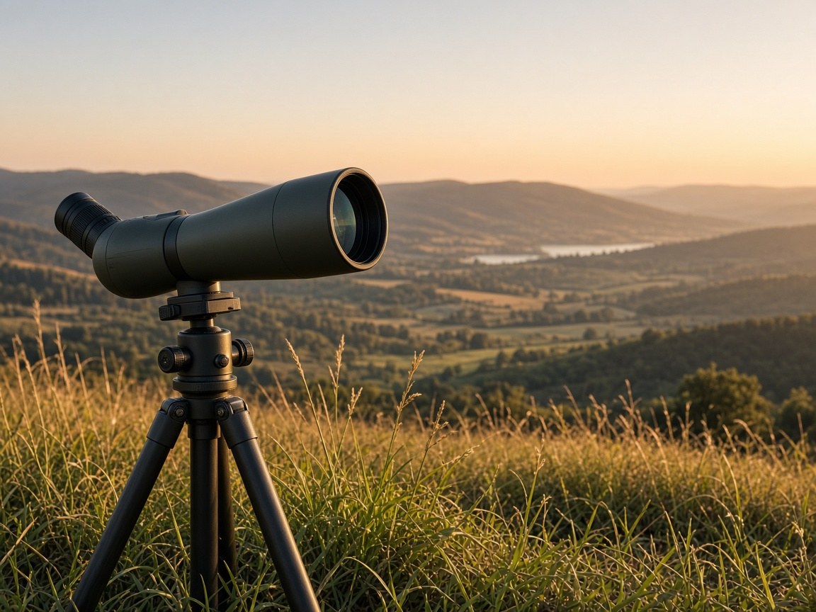 An 80mm spotting scope on a window mount at last light. The rifle is not in the frame.
