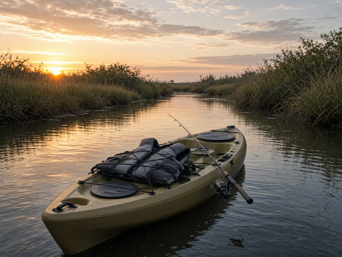 A sit-on-top in a marsh creek, a vest on the hull. One state is the week.