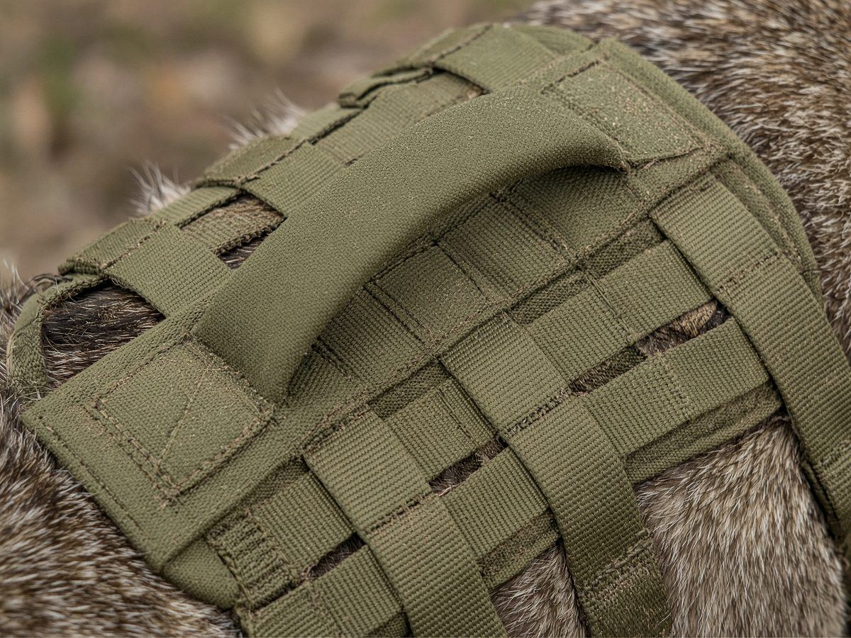 The handle and the chest straps are the harness. Empty MOLLE is a heat trap.