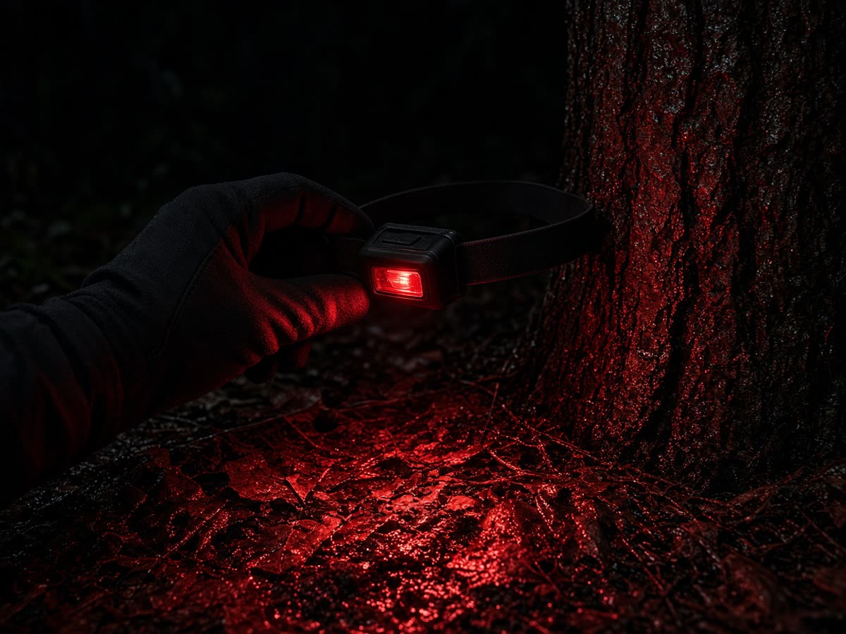 Red on leaf litter, a strap you can still find. A 2,000-lumen sticker is the ad.