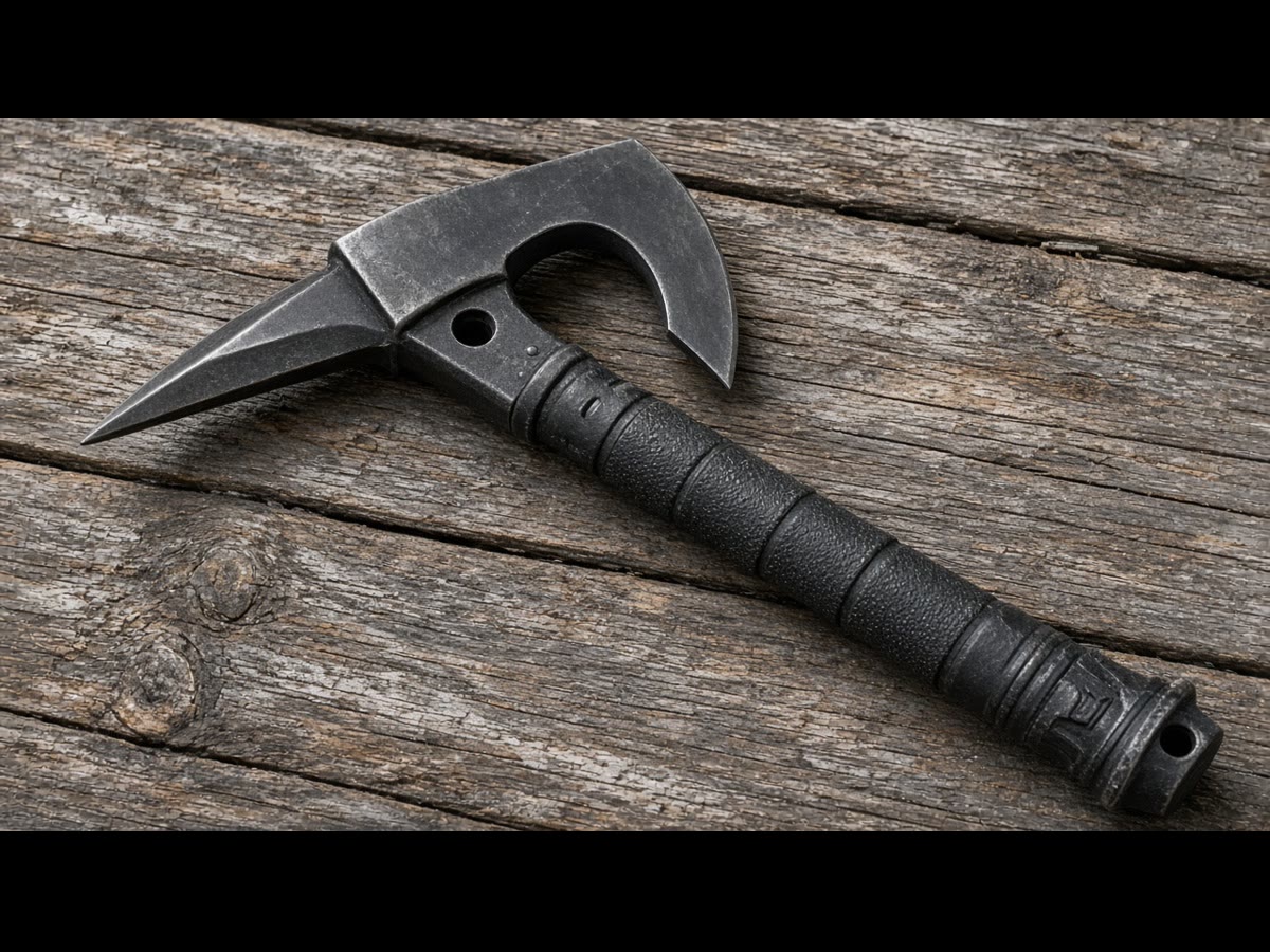 A black FastHawk and sheath on a chopping stump. Name the job first.