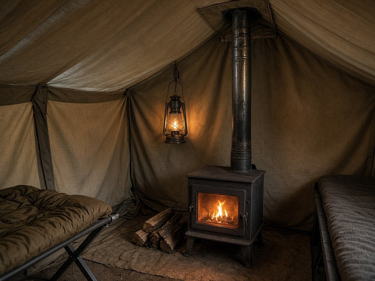 A wood stove venting through a canvas stove jack is the wall-tent promise: stand-up room and real heat, not a backpacking tent with a bigger footprint.