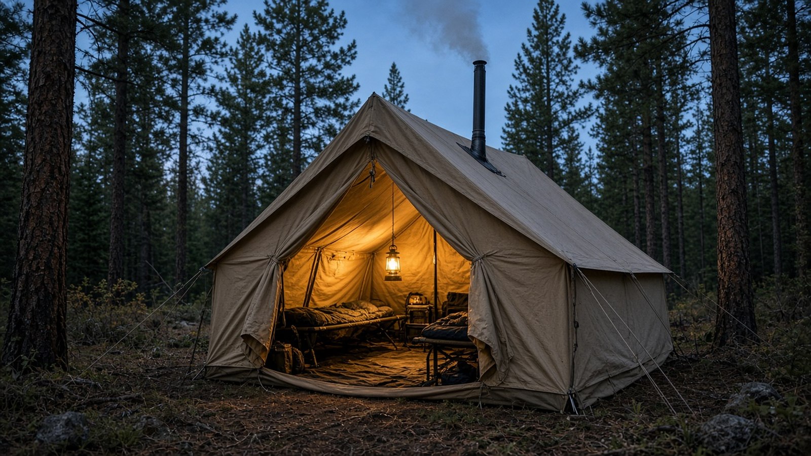 A canvas wall tent pitched in a pine forest hunting camp at dusk with a wood stove venting smoke
