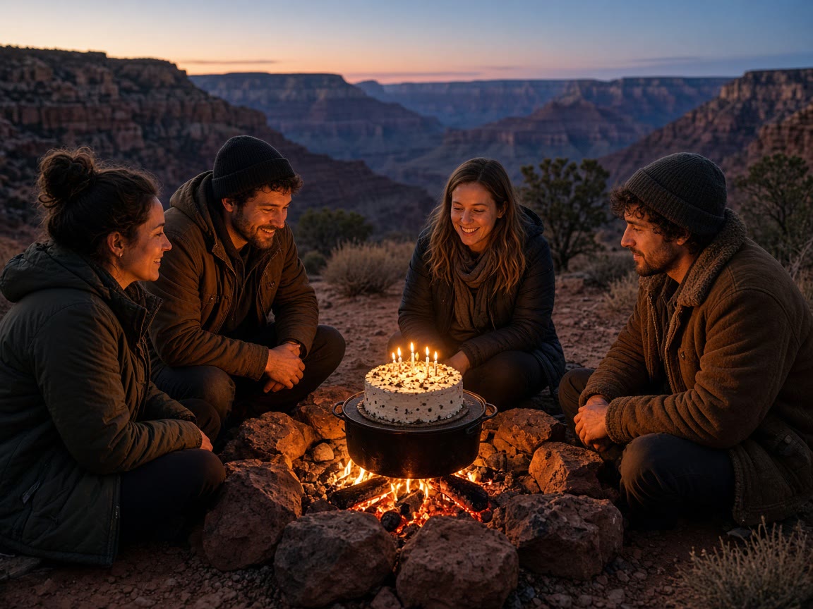 A fire and a cake in canyon country. The bed is already booked.