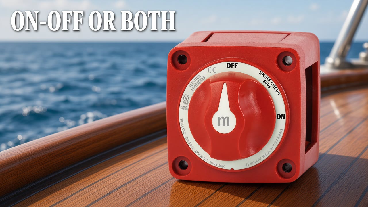 Red Blue Sea battery switch on a boat deck with the headline On-Off or Both