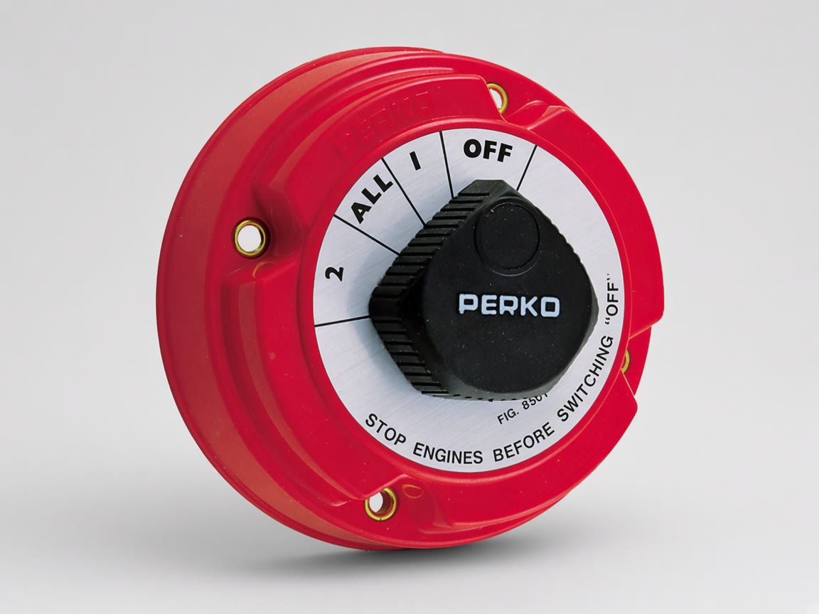 Red Perko rotary battery selector knob labeled OFF, 1, ALL, and 2.