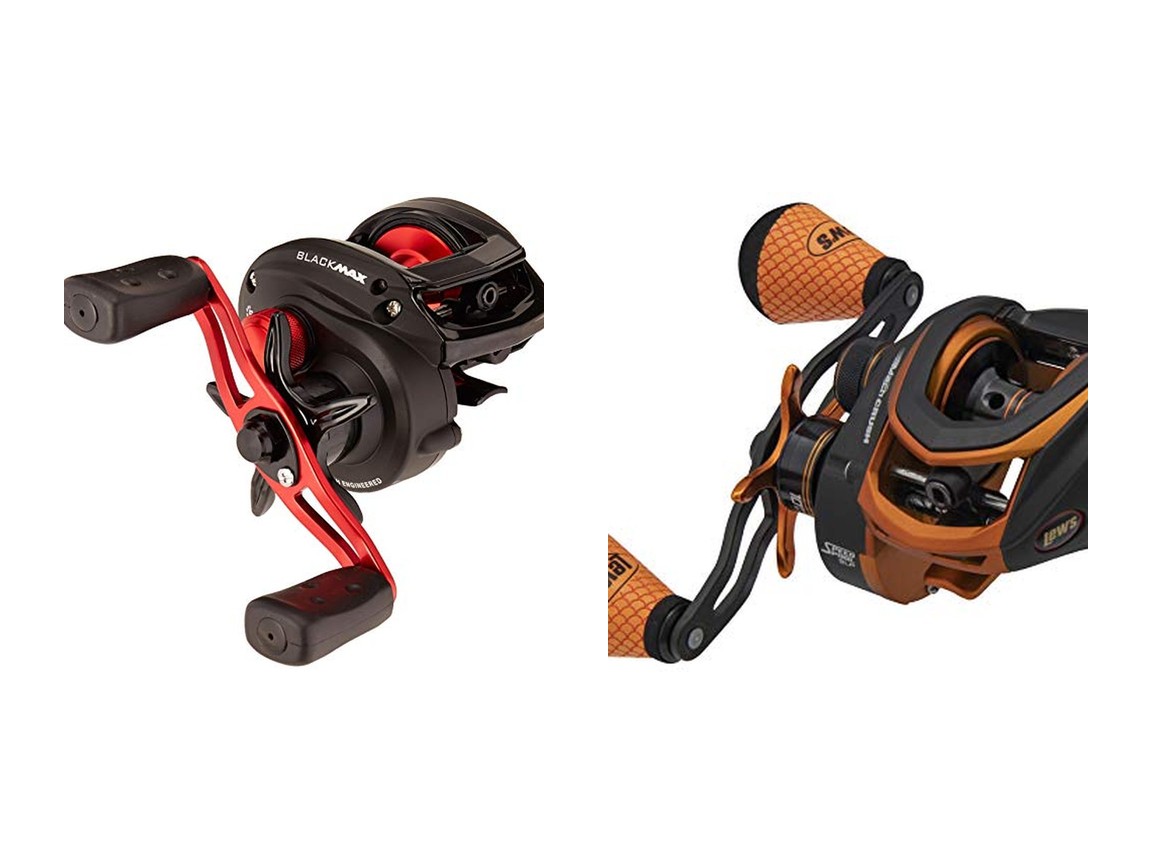 An Abu Garcia Black Max baitcaster and a Lew's Mach Crush baitcaster on a plain background
