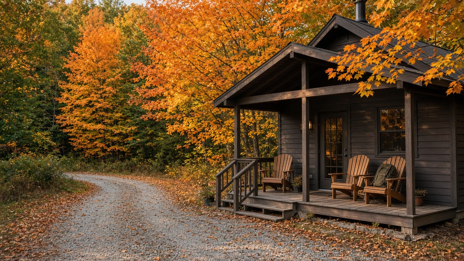 A quiet midweek hardwood cabin porch in early September color before peak weekend crowds