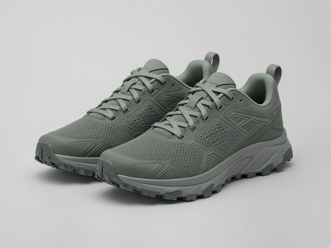 A pair of trail running shoes on a plain background