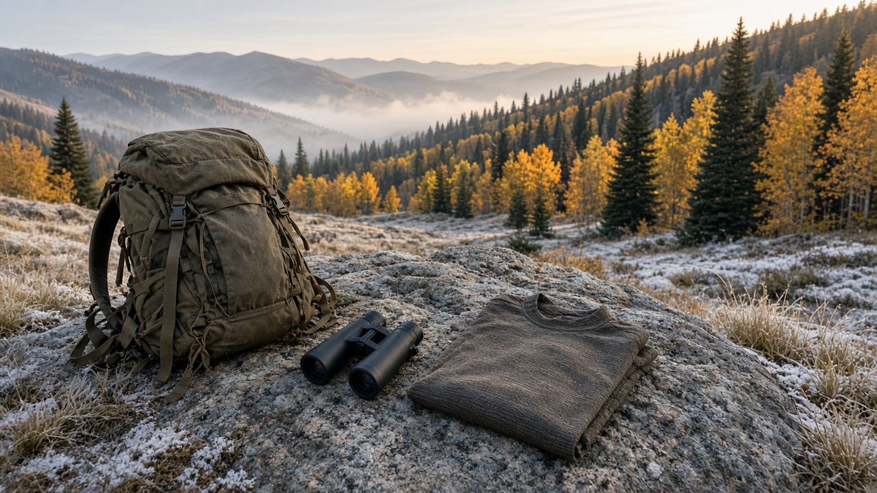 Late-September public elk ridge at first light with binoculars and a pack on granite
