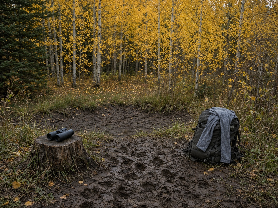 Late-September aspen-edge wallow on public dirt. The tracks are the hunt. The walk is slower than July.