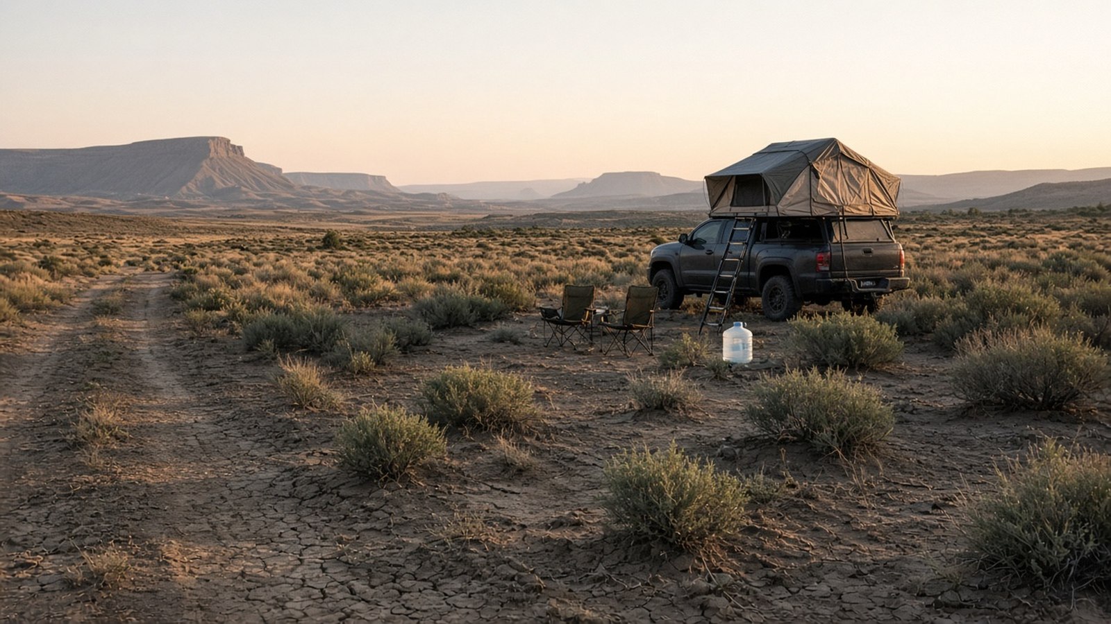 A small, tidy dispersed campsite with a truck and rooftop tent on open BLM desert land at golden hour