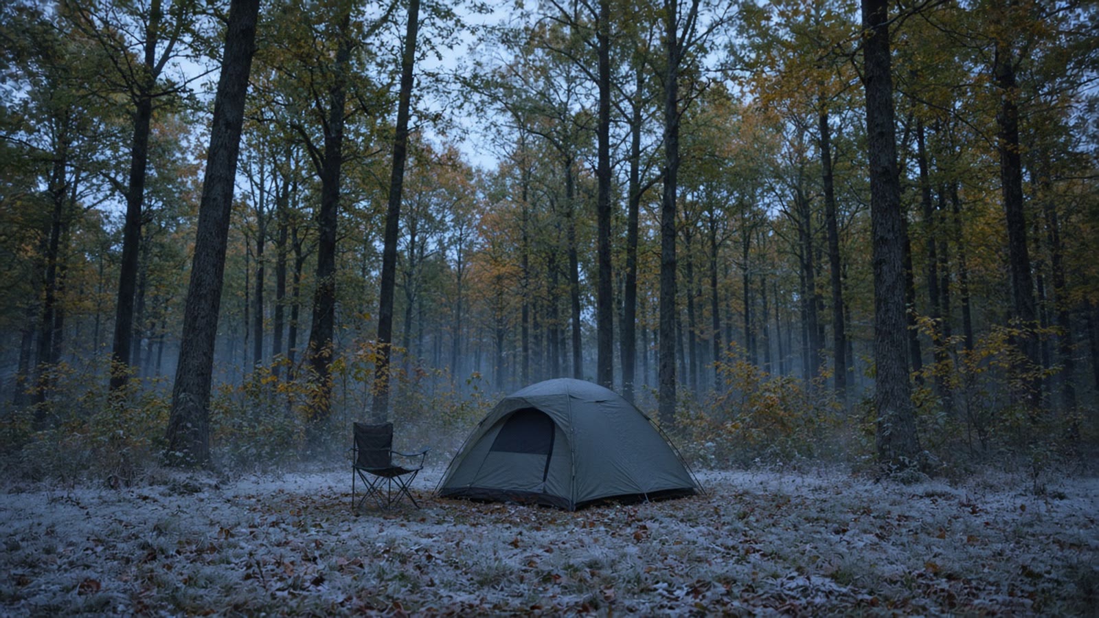 A tent in a hardwood clearing on a clear September night as the first frost forms on the grass