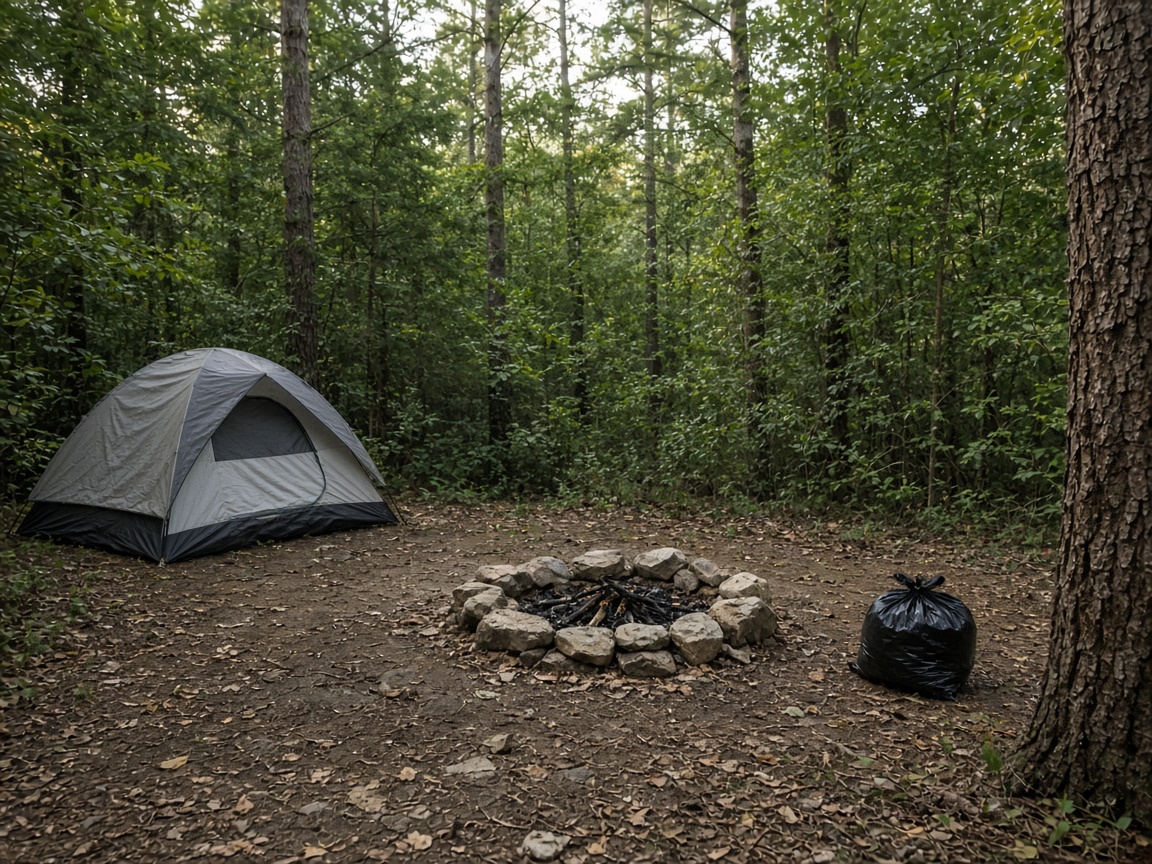 A quiet tent site with a clean fire ring at dusk
