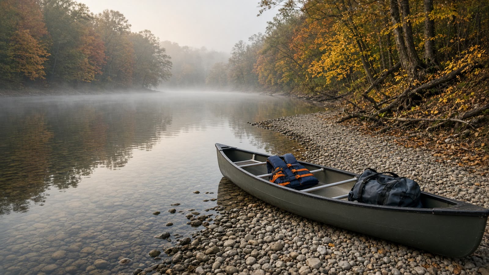 A tandem canoe on a quiet late-September gravel bar after the rafting season
